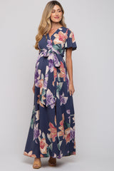 Navy Floral Wrap V-Neck Maternity Maxi Dress