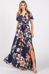 Navy Floral Wrap V-Neck Maternity Maxi Dress