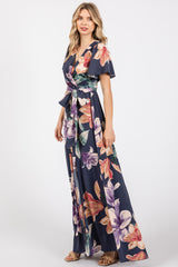 Navy Floral Wrap V-Neck Maxi Dress