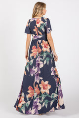 Navy Floral Wrap V-Neck Maxi Dress