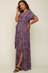 Purple Floral Wrap Front V-Neck Flutter Short Sleeve Maternity Maxi Dress