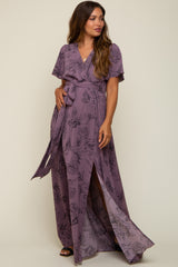 Purple Floral Wrap Front V-Neck Flutter Short Sleeve Maternity Maxi Dress