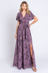 Purple Floral Wrap Front V-Neck Flutter Short Sleeve Maternity Maxi Dress