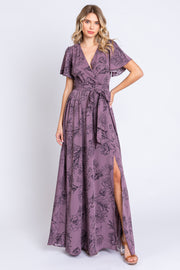 Purple Floral Wrap Front V-Neck Flutter Short Sleeve Maxi Dress