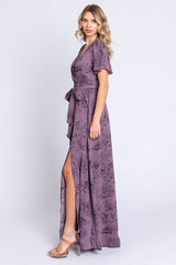 Purple Floral Wrap Front V-Neck Flutter Short Sleeve Maxi Dress