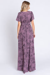 Purple Floral Wrap Front V-Neck Flutter Short Sleeve Maxi Dress