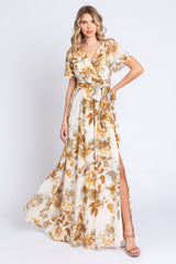 Cream Floral V-Neck Side Slit Maternity Dress