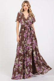 Brown Floral V-Neck Side Slit Dress