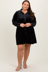 Black Velvet Button Down Plus Mini Dress