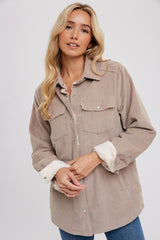 Taupe Corduroy Sherpa Lined Maternity Shacket