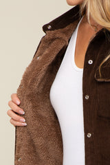 Brown Corduroy Sherpa Lined Maternity Shacket