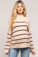 Beige Striped Mock Neck Maternity Sweater