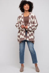 Taupe Checkered Print Oversized Cardigan