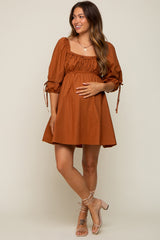 Rust Ruched Puff Sleeve Maternity Dress