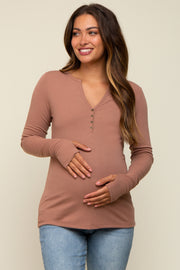 Taupe Button Front Long Sleeve Maternity Top