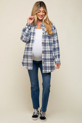 Navy Blue Flannel Plaid Button Up Maternity Shacket