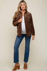 Brown Corduroy Plaid Fleece Lined Button Down Maternity Shacket