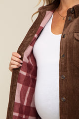 Brown Corduroy Plaid Fleece Lined Button Down Maternity Shacket