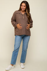 Mocha Fuzzy Checkered Button Front Maternity Top