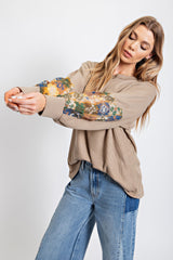 Mocha Waffle Knit Contrast Sleeve Top