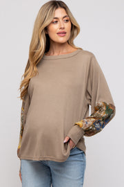 Mocha Waffle Knit Contrast Sleeve Maternity Top