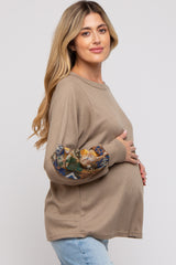 Mocha Waffle Knit Contrast Sleeve Maternity Top