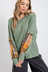 Olive Waffle Knit Contrast Sleeve Top