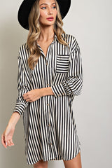 Black Cream Striped Collared Button-Down Maternity Dress