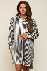 Black Cream Striped Collared Button-Down Maternity Dress