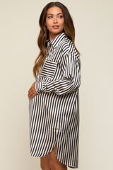 Black Cream Striped Collared Button-Down Maternity Dress