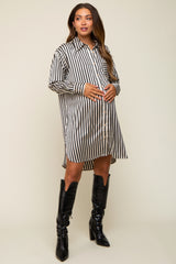 Black Cream Striped Collared Button-Down Maternity Dress