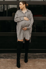 Black Cream Striped Collared Button-Down Maternity Dress