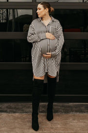 Black Cream Striped Collared Button-Down Maternity Dress