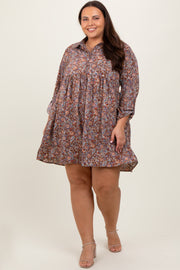 Brown Floral Paisley Button Up Plus Dress