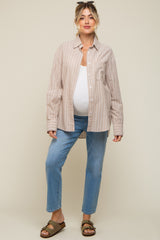 Beige Striped Button Up Long Sleeve Linen Maternity Top