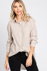 Beige Striped Button Up Long Sleeve Linen Maternity Top