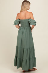 Olive Smocked Ruffle Off Shoulder Tiered Maxi Dress