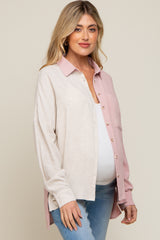 Light Pink Color Block Button Up Linen Maternity Top