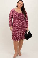 Burgundy Floral Ruched Long Sleeve Plus Dress