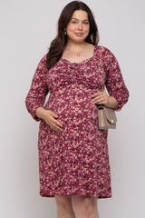 Burgundy Floral Ruched Long Sleeve Plus Maternity Dress