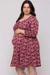 Burgundy Floral Ruched Long Sleeve Plus Maternity Dress