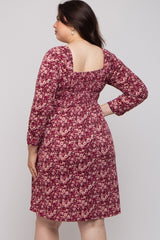 Burgundy Floral Ruched Long Sleeve Plus Maternity Dress