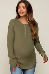 Olive Button Front Soft Knit Long Sleeve Henley Maternity Top