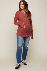 Rust Button Front Soft Knit Long Sleeve Henley Maternity Top