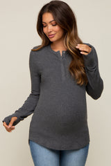 Charcoal Button Front Soft Knit Long Sleeve Henley Maternity Top