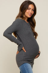 Charcoal Button Front Soft Knit Long Sleeve Henley Maternity Top