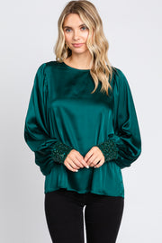 Forest Green Satin Sequin Cuff Blouse