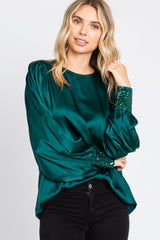 Forest Green Satin Sequin Cuff Blouse