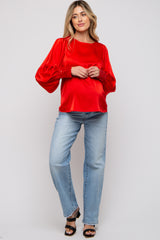 Red Satin Sequin Cuff Maternity Blouse