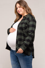 Forest Green Checkered Maternity Plus Long Sleeve Button Down Top